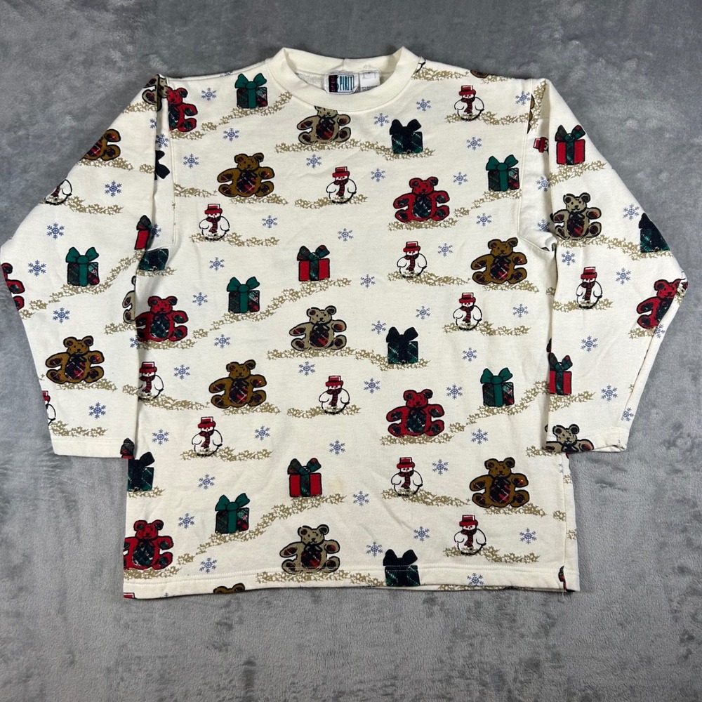 Vintage Bold Spirit Christmas Teddy Bear Snowman Sweatshirt Cream Small 28637
